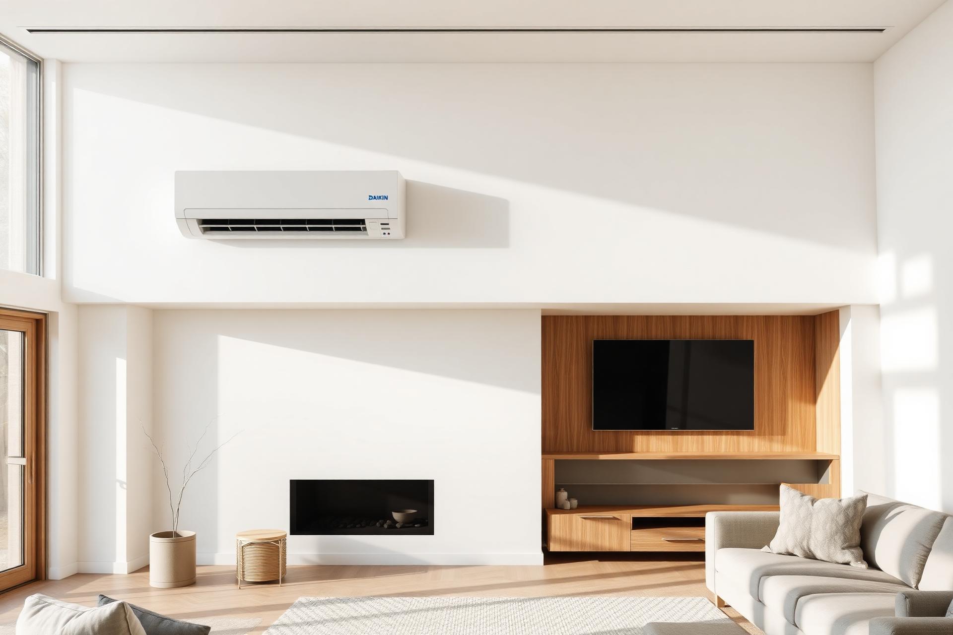 Daikin airco wandmodel geïnstalleerd in moderne leefkamer